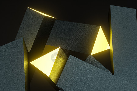 深色背景的 3d 渲染黄色发光三角柱创新艺术电子产品多面体传播三角形工程技术柱子插图背景