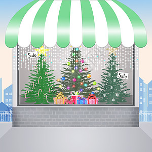 圣诞树店店铺庆典插图派对树木松树陈列柜礼物背景图片