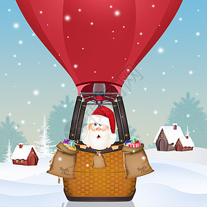 圣诞热气球圣诞老人在热气球上展示麻袋插图礼物庆典篮子气体运输男人天空背景