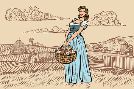装食物的篮子提着一篮子蘑菇的村妇 雕刻效果收成常委食物菌类树叶植物采摘美食荒野漫画设计图片