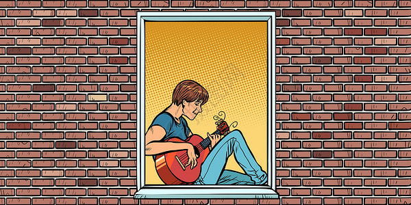 弹古筝男人弹吉他的年轻人坐在窗台上设计图片