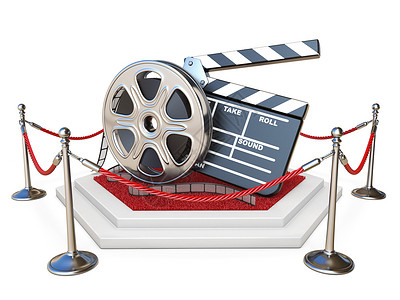 红地毯3D 讲台上的电影卷和拍板高清图片
