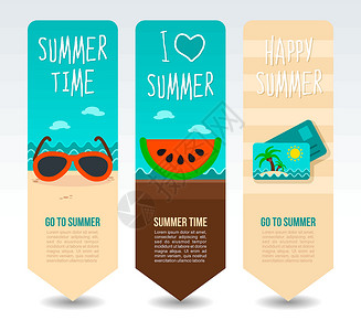 旅行和度假矢量横幅天空卡片海滩邮政假期棕榈眼镜海浪水果食物背景图片