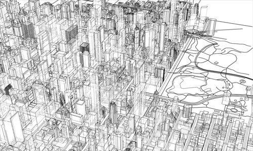 高分辨率素材概述城市概念 线框样式城市艺术插图房子绘画白色建筑街道场景草图设计图片