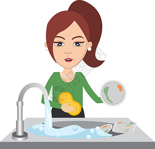 厨房乐趣白色背景上的女人洗碗插图矢量插画