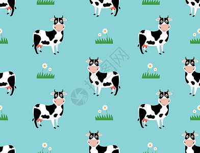 费斯牧场鹅群野外背景矢量插图上带有可爱牛牛漫画的无缝模式插画