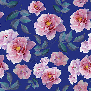 牡丹和叶子的水彩花卉图案和无缝背景 手绘 织物包装纸或墙纸的柔和设计 光栅图植物玫瑰纺织品花束风格装饰绘画花瓣花园艺术背景图片