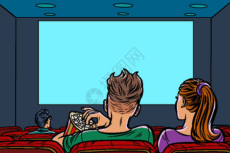 一对夫妇在电影中 吃爆米花和看电影女孩朋友们男性女朋友闲暇家庭展示复用剧院娱乐设计图片