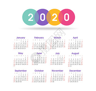 2020日程本矢量日历 2020 年 星期从周日开始日程数字广告商业办公室时间规划师日记季节插图插画