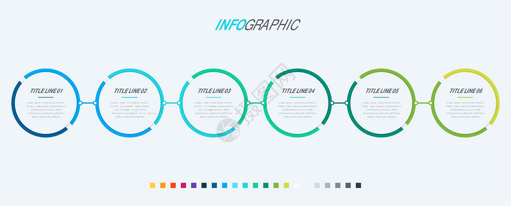 具有 6 个选项的抽象业务圆形信息图表模板 浅色背景上孤立的彩色图表时间线和时间表网络通讯一体化插图数据营销技术报告流程收藏插画
