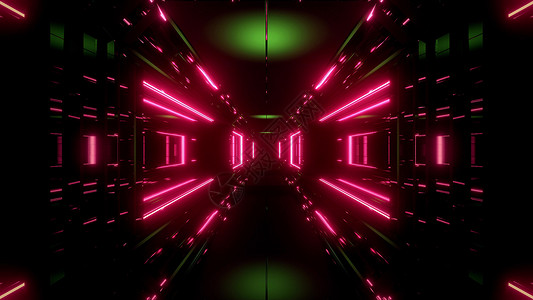 科幻空间隧道走廊与发光闪亮的灯光 3d 插图背景渲染反射红色反光艺术墙纸小说辉光运动绿色背景图片