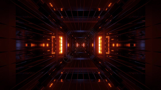 发光的未来科幻隧道与线框 3d 渲染壁纸背景橙子墙纸黑色走廊插图辉光运动背景图片