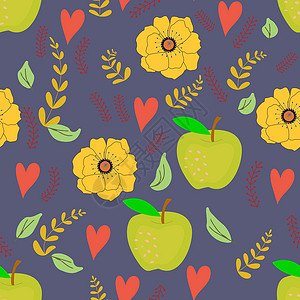 绿色苹果和黄色花朵的蓝色无缝模式背景图片