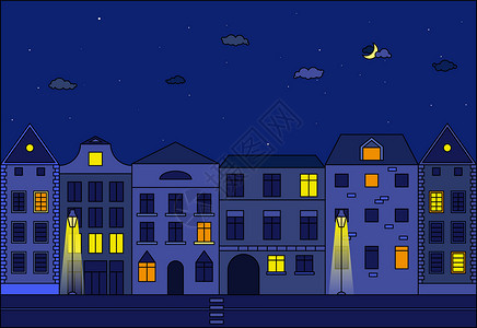 欧洲建筑街道城市在晚上矢量图 欧洲城市的老街星星环境地标住宅历史街道旅行建筑景观摩天大楼设计图片