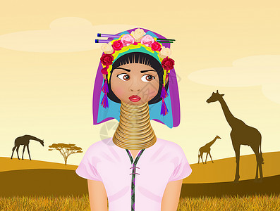 长颈鹿妇女妇女长颈女孩戒指装饰品哺乳动物少数民族衣领传统部落插图动物背景