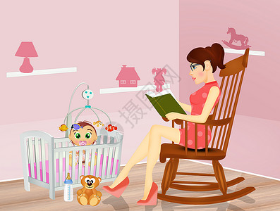 粉色晚安艺术字妈妈读童话故事 与她的宝宝晚安婴儿法律页数女士插图女性椅子女孩婴儿床闲暇背景