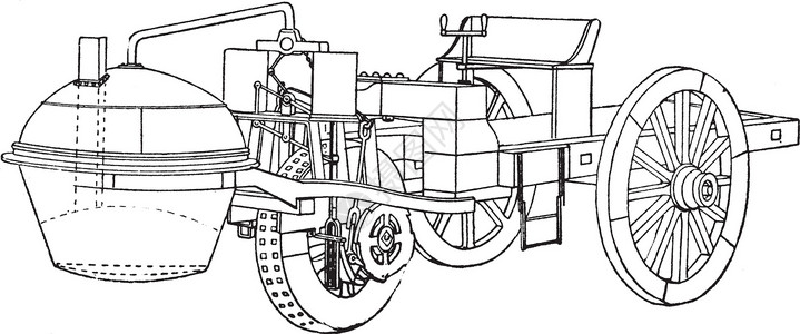 蒸汽马车复古插图锅炉运输雕刻绘画黑色白色艺术背景图片
