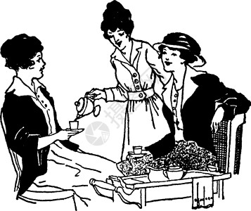 向两个妇女供应茶水的妇女 古典插图背景图片