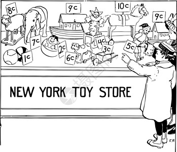 儿童购买玩具古董插图孩子艺术黑色雕刻绘画白色桌子背景图片