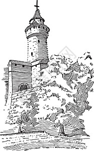 免年费费德城堡塔 防御结构 古代雕刻插画
