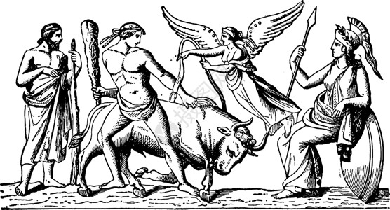 忒修斯和牛头怪复古插画神话标签国王高清图片