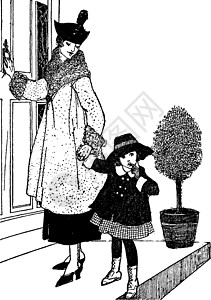 女孩和母亲复古插画背景图片