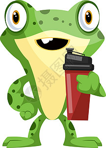 绿色咖啡欢乐的青蛙 握着一杯咖啡水 插图 矢量插画