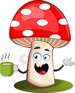 热柠茶白色背景上的蘑菇喝茶插画