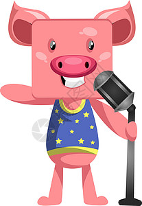 穿睡衣的猪猪的麦克风 插图 白底矢量卡通片收音机扬声器动物绘画商业音乐技术网络工作室设计图片