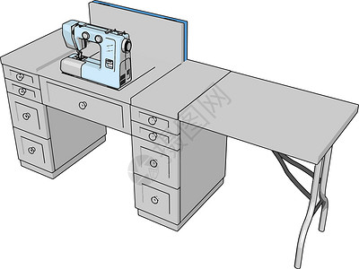 3D 工作桌上缝纫机的三维矢量插图 hh裁缝白色机器木头工艺桌子创造力女裁缝剪裁商业插画