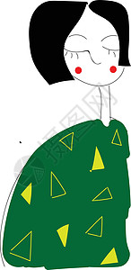 女孩在绿色毛衣中黑发 随心所欲地用绿色毛衣向矢量插图背景图片