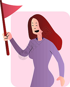 手举旗子穿紫色的可爱卡通女孩拿着旗子矢量光亮插画