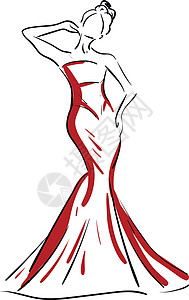 长款连衣裙一个美丽的女人在红色 maxi 矢量 o 的剪影设计图片