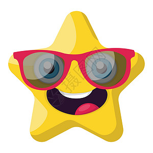戴墨镜表情符号带有粉色太阳墨镜的可爱黄色恒星emoji和矢量插图设计图片