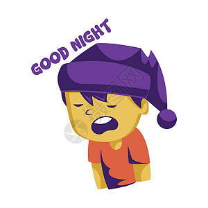 睡着的黄黄色男孩 戴着紫色睡帽说晚安背景图片