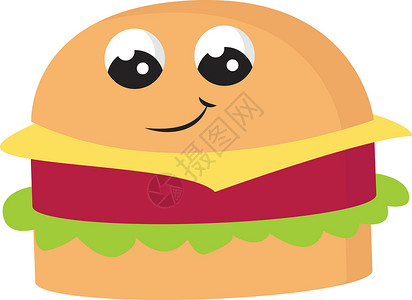 前夹肉微笑的可爱汉堡包矢量或彩色图案的表情符号插画
