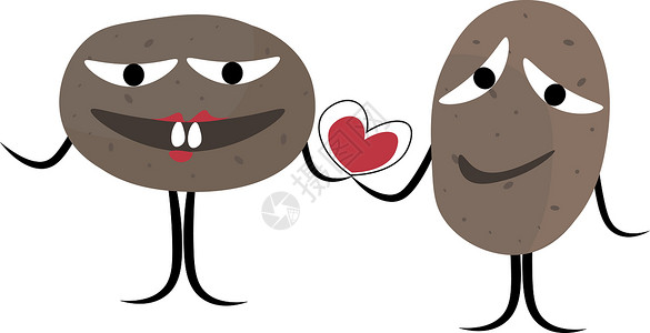 两个笑着土豆的剪片 拿着一个心脏符号矢量或背景图片