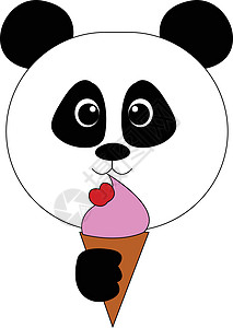 卡通熊猫拿着上面放着草莓的锥形冰淇淋背景图片