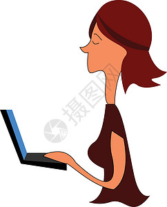 女人正在看笔记本电脑手绘乐趣技术孩子们电影刷子成人卡通片艺术商业中风互联网高清图片素材