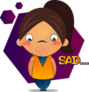 福州马尾有棕色马尾和紫六边形的悲伤女孩设计图片