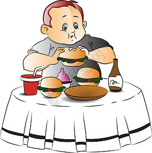 专注地听消息的年轻男生吃汉堡的胖男孩的向量插画