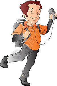 背着背包和音乐播放器插画的男人白色音乐工具耳机技术男性插图娱乐绘画艺术品背景图片