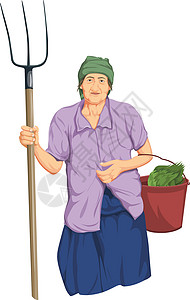 铁质工具铲子带铲子和蔬菜桶的妇女的病媒设计图片
