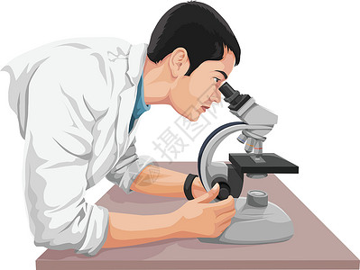 观察蚂蚁教授科学家的矢量 通过显微镜观察从业者专注实验检查工具诊断技术男人学习保健插画