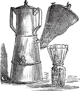 咖啡历史素材咖啡过滤器; 放在普通鞋罐子上的过滤纸 vint插画