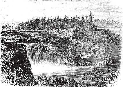 Chaudiere河瀑布 加拿大魁北克省艺术打印独木舟雕刻酱油城市锅炉水池绘画木材插画
