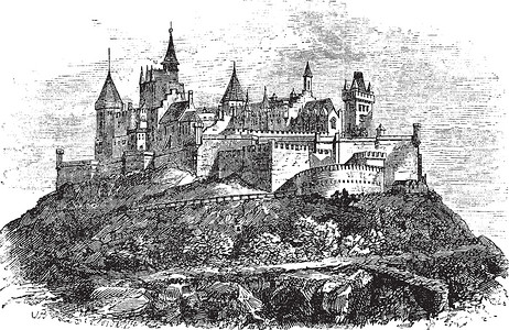 巴登巴登德国斯图加特的Hohenzolren城堡或蚀刻艺术堡垒遗产建筑学旅游艺术品历史绘画吸引力插画