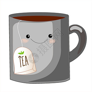 微笑马克杯可爱的茶杯角色 甜茶袋与可爱的面孔 表情符号涂鸦对象 可爱的茶包套装 杯子表情符号设置有脸颊和眼睛 平面设计中的彩色美丽涂鸦杯角插画