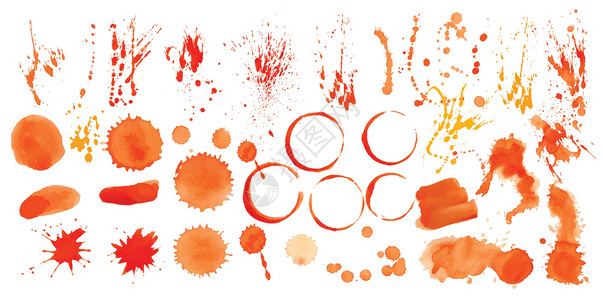弄脏一组矢量橙汁溅在白色背景上创造力插图绘画横幅印迹液体刷子黄色红色草图设计图片