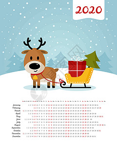 鹿拉雪橇矢量日历 2020 年 星期从周日开始插图季节网格雪橇日程日记规划师礼物数字办公室插画